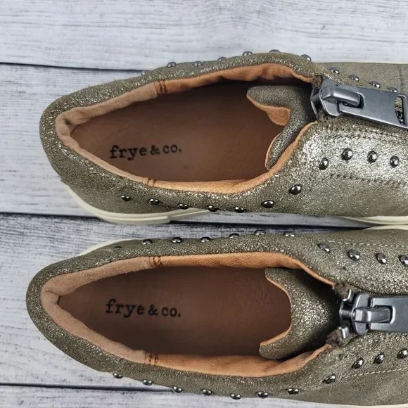 frye & co. Leather Zip Front Sneakers Victoria Moto Stud Metallic - Picture 9 of 10
